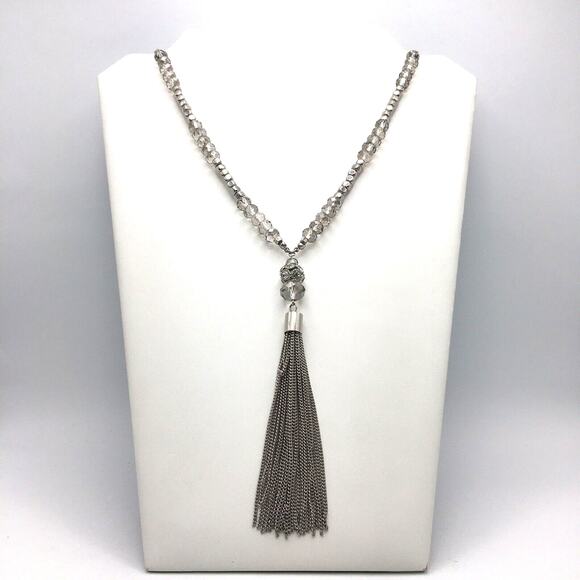 Signed NY Faceted Crystal Bead Silver Tone Chain Tassel Pendant Tassel Necklace - Picture 1 of 6
